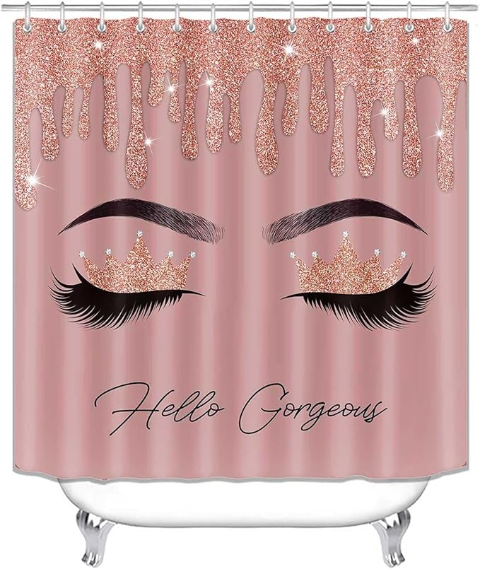4PCS Hello Gorgeous Shower Curtain Set, Rose Gold Glitter Drip Bling Glam Diamond Crown Princess Unicorn Eyelash Girls Pink Bathroom Decor, Waterproof Fabric Shower Curtain Bath Mat Toilet Rug