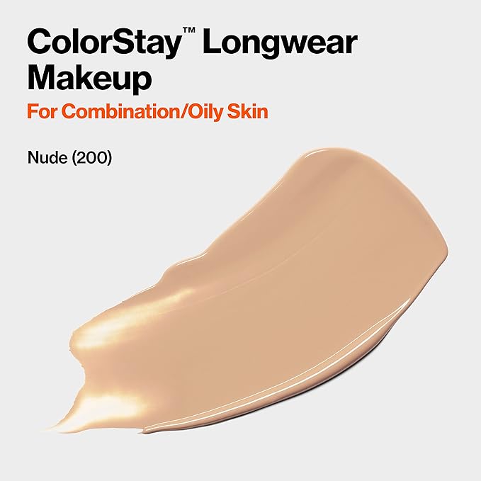 Revlon Liquid Foundation, ColorStay Face Makeup for Combination & Oily Skin, SPF 15, Longwear Medium-Full Coverage with Matte Finish, Nude (200), 1.0 Oz