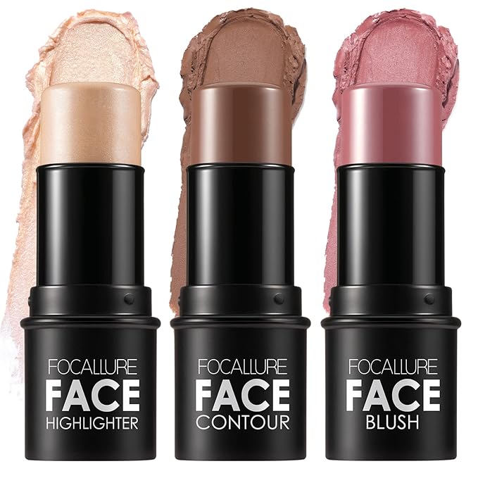 FOCALLURE 3 Pcs Cream Contour Sticks,Shades with Highlighter & Bronzer & Blush,Non-greasy Long-wear Face Contouring Pen,Easy to Sculpt the Face and Create a Lightweight Finishing Makeup,TAN