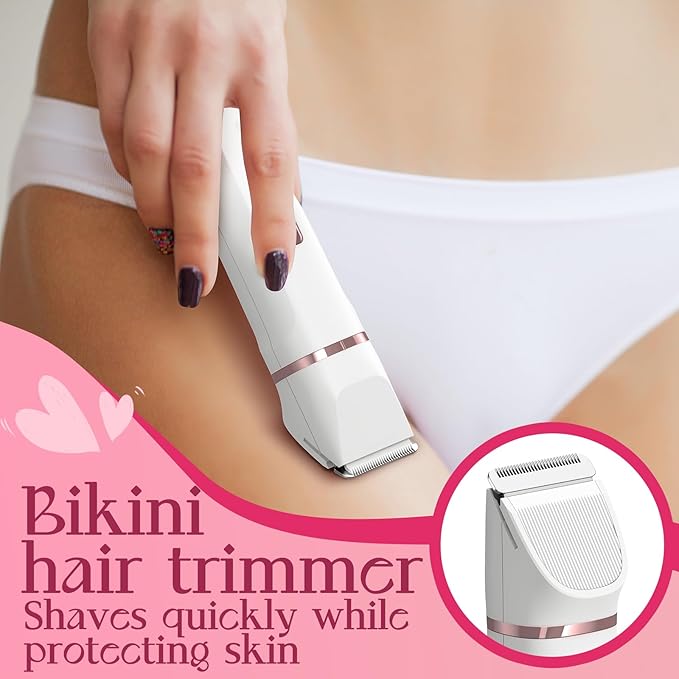 Pubic Hair Trimmer for Women - Electric Razors for Women's Body Groomer, Replaceable Ceramic Blade Heads, Face Hair Remover Head, USB-C&Dock Charging, Waterproof&Easy Cleaning White