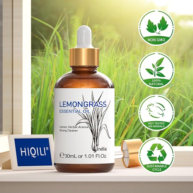 HIQILI 1 Fl Oz Lemongrass Essential Oil, 100% Pure Natural Undiluted for Diffuser, Hair - 30ml