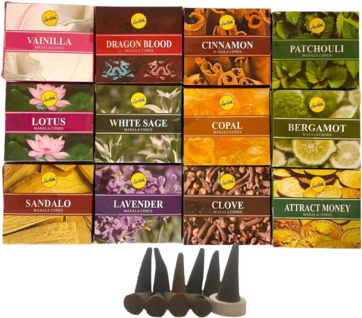 Sreevani Natural Masala Incense Cones and Holder Bundle, 120 Cones Total, Assorted #1