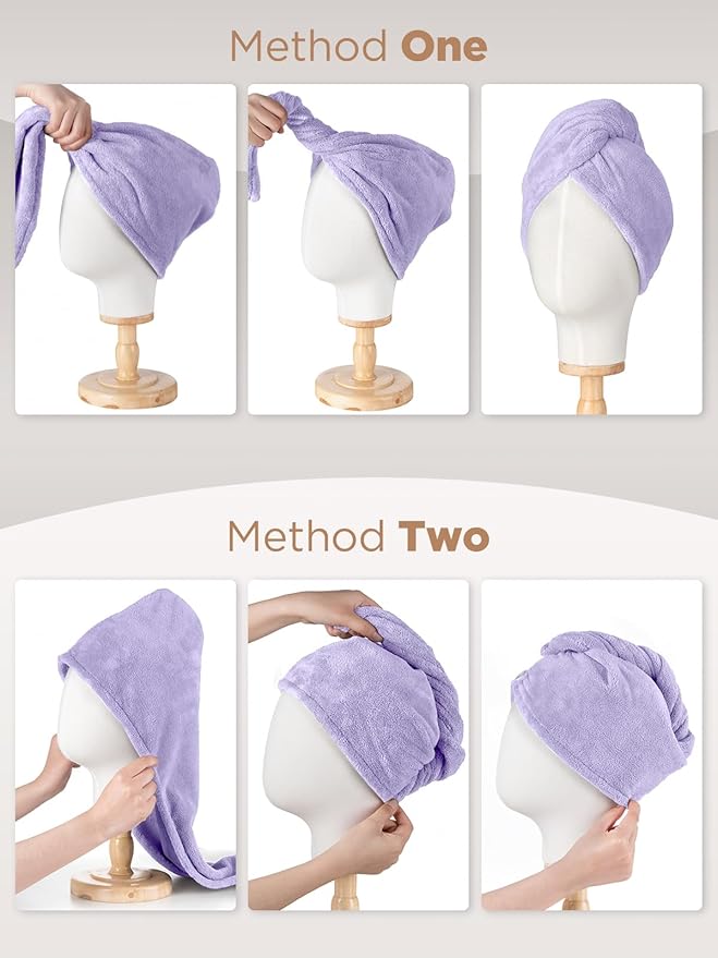 Hicober Microfiber Hair Towel, 2Packs Hair Turbans Wrap for Women Wet Hair, Hair Drying Towels for Curly Hair Anti Frizz(Purple,Pink)