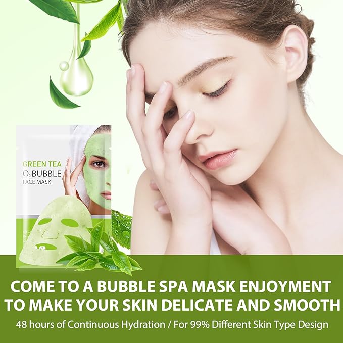10 Sheets Face Masks Skincare O2 Bubble Green Tea Face Mask, Cleaner Bubble Sheet Masks Foaming Purifying Facial Mask for Pores, Moisturizing Spa Face Masks Skin Care For All Skin Type
