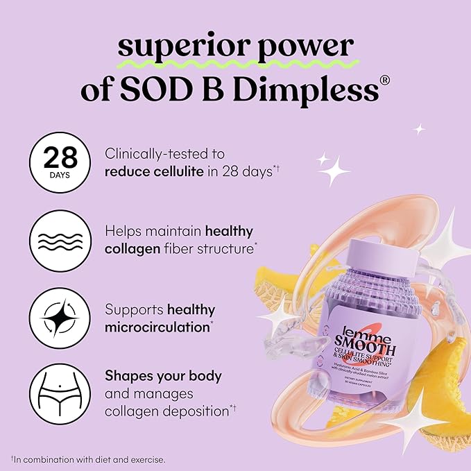 Lemme Smooth Anti Cellulite Capsules for Women, Smooth Legs & Thighs, Reduce Cellulite & Crepey Skin w/Clinically Studied SOD & Silica (1 Month Supply 30 ct)