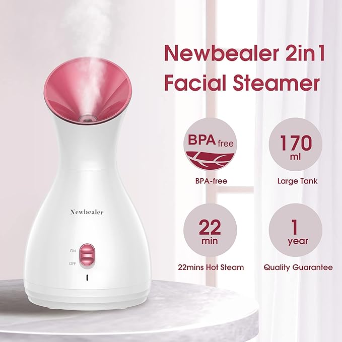 Newbealer 2in1 Facial Steamer, Hot Mist Facial Aromatherapy Humidifier Atomizer, Large Face Steamer Unclogs Pores Sinuses Moisturizing, Home Sauna Spa with Eyebrow Set (Red, 170ml)