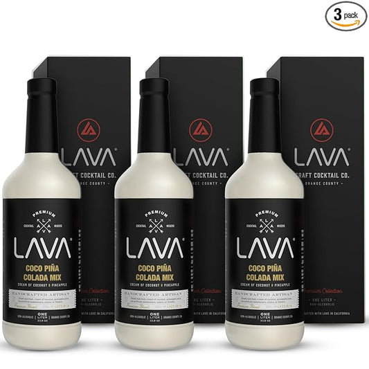 (3 Pack) LAVA Premium Coco Pina Colada Made with Cream of Coconut and Real Pineapple, No Artificial Sweeteners or Flavors, 1-Liter (33.8oz) Glass Bottle.