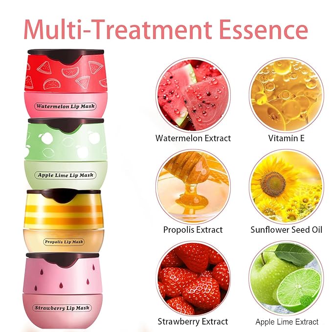 Honey Lip Balm Pot, 3 Pcs Honey & Apple Lime & Watermelon Lip Mask Propolis Lip Mask Moisturizing Hydrating Prevention Dry and Cracked Lip Scrubs Exfoliator