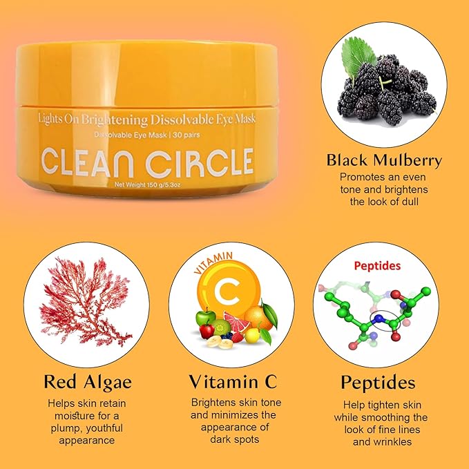 Lights On Brightening Dissolvable Eye Mask Infused with Red Algae, Vitamin C, Peptides, and Black Mulberry - Under Eye Patches for Wrinkles, Dark Circles, Puffiness, and Signs of Aging