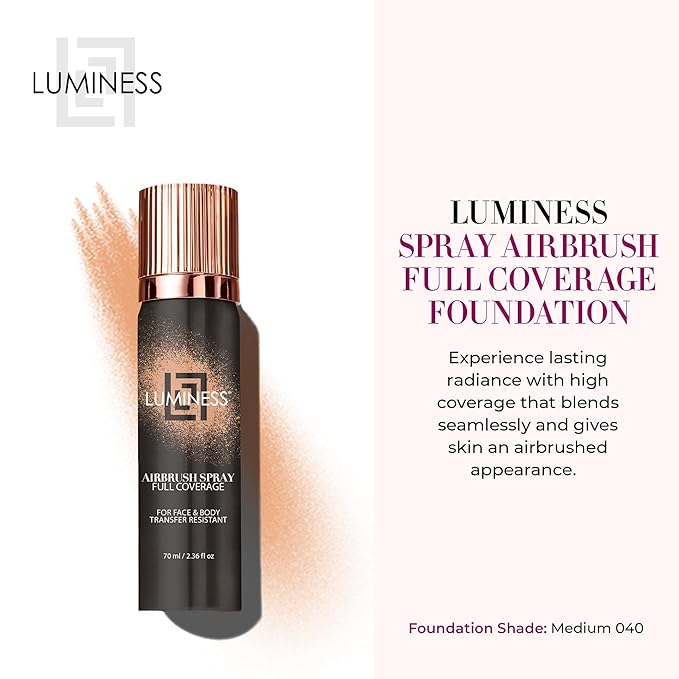 LUMINESS Spray Airbrush Foundation Makeup, Medium Shade 040 - Lightweight, Full Coverage Foundation for Face, Neck, & Body - Concealer for Seamless Blending, Natural-Looking Finish, 2.36 fl oz