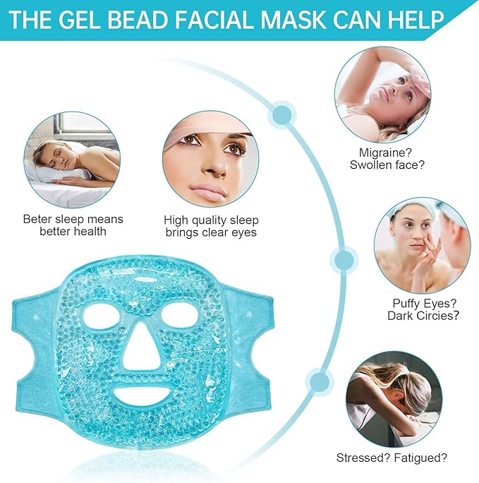 Ice Face Mask Reusable and Cold Gel Eye Mask for Puffiness/Dark Circles/Eye Bags/Dry Eyes/Headaches/Migraines/Stress Relief, Ice Pack for Eyes & Face (Blue)