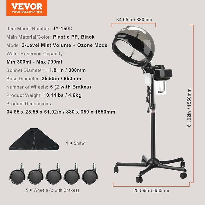 VEVOR Professional Hair Steamer for Deep Conditioning, 11.81-inch Hooded Ionic Hair Steamer with 2 Modes, Height-Adjustable Standing Hair Steamer with Timer, 5 Wheels (2 Lockable) for Salon Home Spa