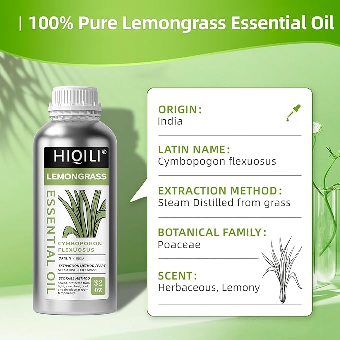 HIQILI 32 Fl Oz Lemongrass Essential Oil, 100% Pure Natural Undiluted Premium Oils