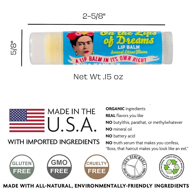 Frida Kahlo's On the Lips of Dreams Lip Balm Tube, Citrus Flavored - Cruelty-Free and Made in the USA from Natural and Imported Ingredients