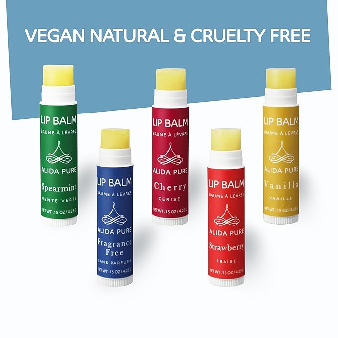 ALIDA PURE Melody Lip Balm Collection, Vegan, Lip Balm, Beeswax Free, with Avocado Oil, Organic Jojoba Oil, and Vitamin E, Natural Moisturizer for Dry, Chapped Lips, 5 Tube Set