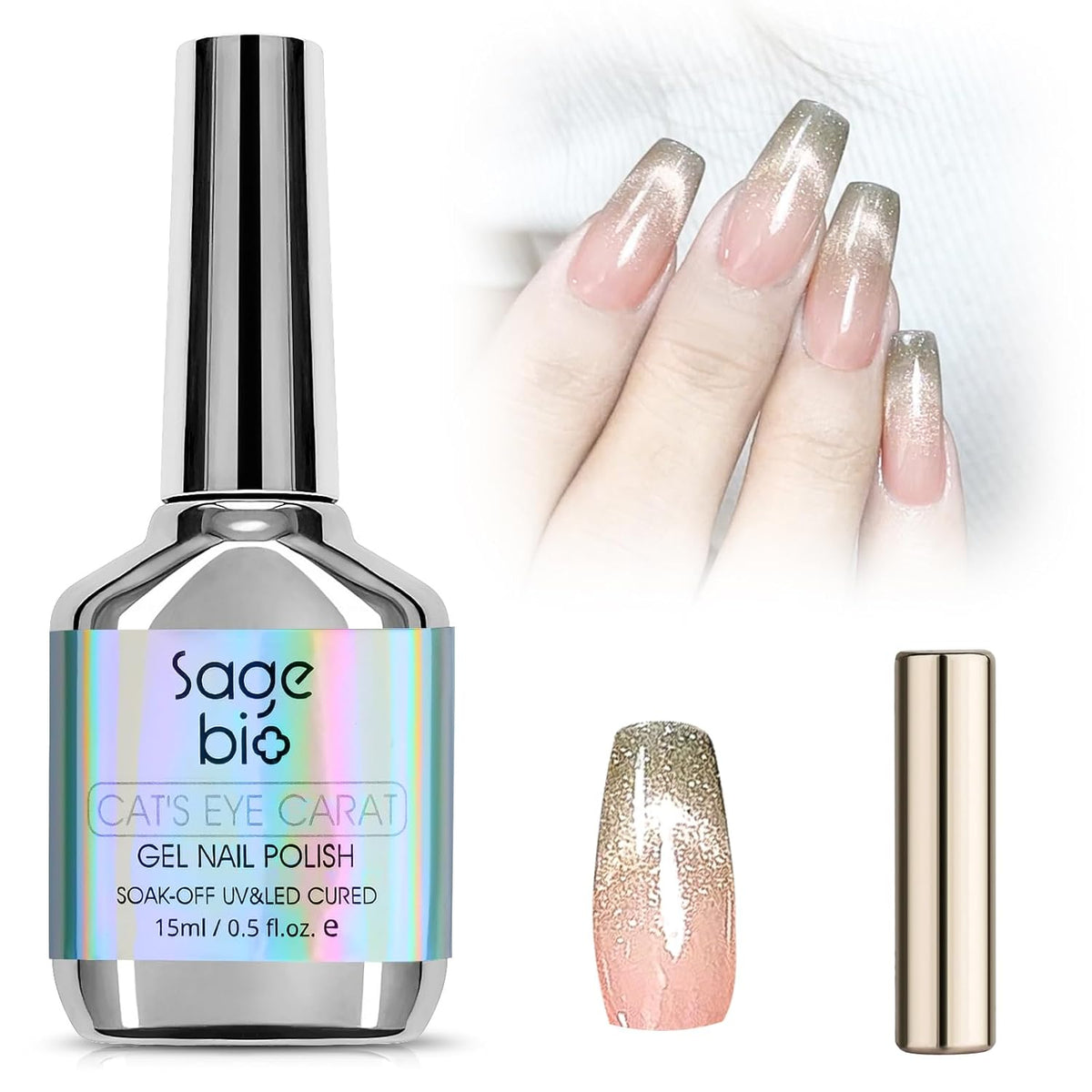 Cat Eye Gel Nail Polish with Magnet Stick, 15ml Glitter Holographic Nail Polish, Magnetic Effect Gel for Home DIY Manicure Gift, Brown Gold