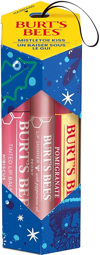 Burt's Bees Mistletoe Kiss Pink, Pomegrante, Peony, Hibiscus Lip Balm and Shimmer Holiday Collection Gift Set of 3-1 Count