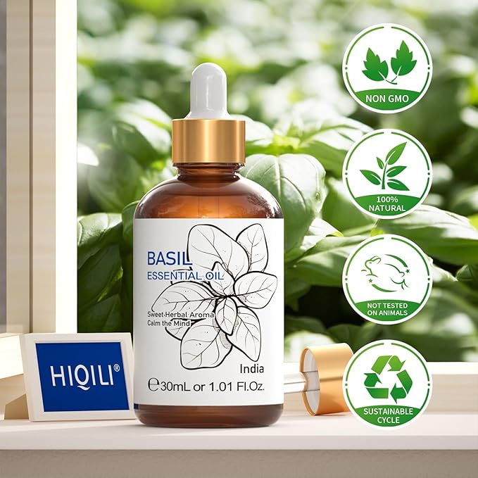 HIQILI 1 Fl Oz Basil Essential Oil, 100% Pure Undiluted for Skin, Diffuser - 30ml