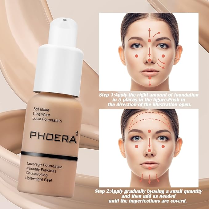 PHOERA Foundation Makeup Naturally Liquid Foundation Full Coverage Mattle Oil-Control Concealer 8 Colors Optional,Great Choice For Gift(#107 Honey,30ml)
