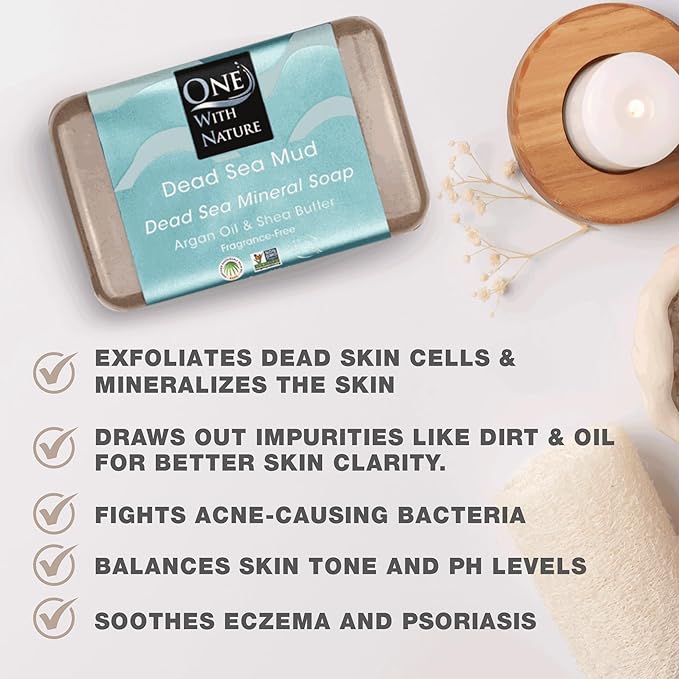 One With Nature Dead Sea Mud Soap 4oz 3-Pack – Purifying and Exfoliating Soap Bar with Dead Sea Salt Minerals for Face & Body, for Men & Women