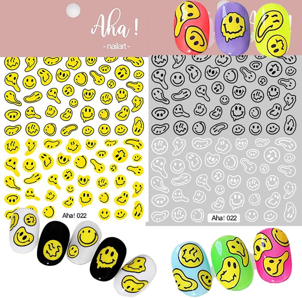 Smiling Face Nail Art Stickers 3D Nail Decals Cute Self-Adhesive Nail Stickers Yellow Black and White Twisted Smiling Face Nail Supplies for Women Girls Kids Nail Decorations
