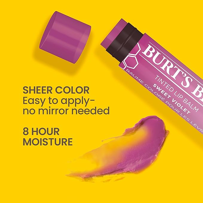 Burt's Bees Lip Tint Balm with Long Lasting 2 in 1 Duo Tinted Balm Formula, Color Infused with Deeply Hydrating Shea Butter for a Natural Looking Buildable Finish, Sweet Violet (2-Pack)