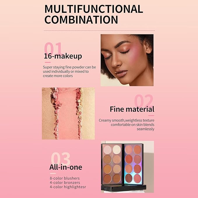 Blusher Contour Highlighter Makeup Palette, 16 Color All-in-One Matte- Bronzer Facial lluminator Palette with Makeup Brush, Long Lasting and Soft Powder, Pro Makeup Powder Kit