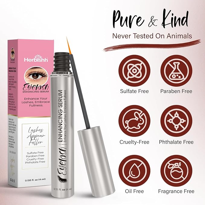 Herbishh Eyelash Enhancing Nourishing Serum for Longer, Thicker Lashes, Safe for Lash Extensions, Fragrance-Free Lash Serum, Sulfate-Free, Travel-Friendly, 0.135 fl. oz