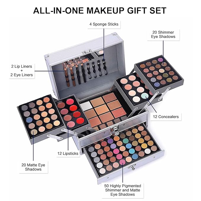 132 Color All- In- One Makeup For Women Full Kit,Professional Makeup Kit,Makeup Gift Set for Women,Girls&Teens,Include eyeshadow/lipstick/concealer/Lip Gloss/Eyeliner/Mascara（006N2-Silver）