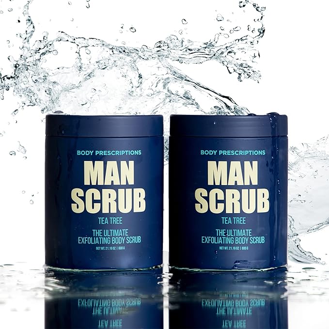 Body Prescriptions Men’s Exfoliating Body Scrub – Ultimate Skin Cleansing Wash in Jar with Twist-Top Lid, For All Skin Types, 21 Ounce (Pack of 2), Tea Tree