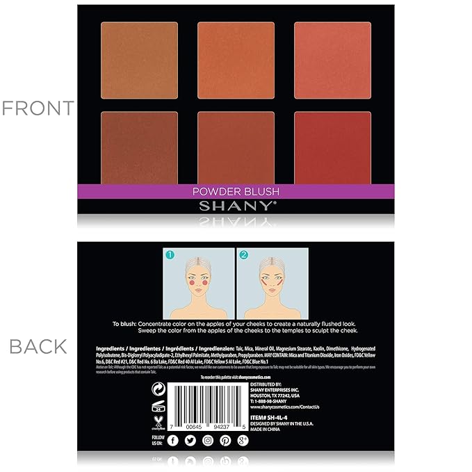 SHANY Shimmer & Matte Powder Blush Makeup Palette with Mirror - 6 Color Makeup Blush Palette - BLUSH