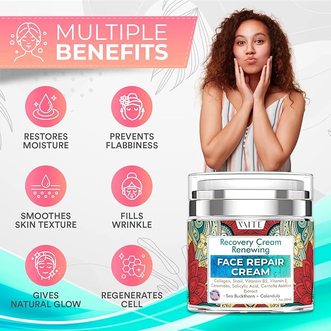 VAITE Face Moisturizer Remedy Skin Repair Cream with Snail, Salicylic Acid, Vitamin B5, Vitamin E, Collagen, and Ceramides for Men and Women Anti-aging Anti-wrinkle Made in USA Night and Day