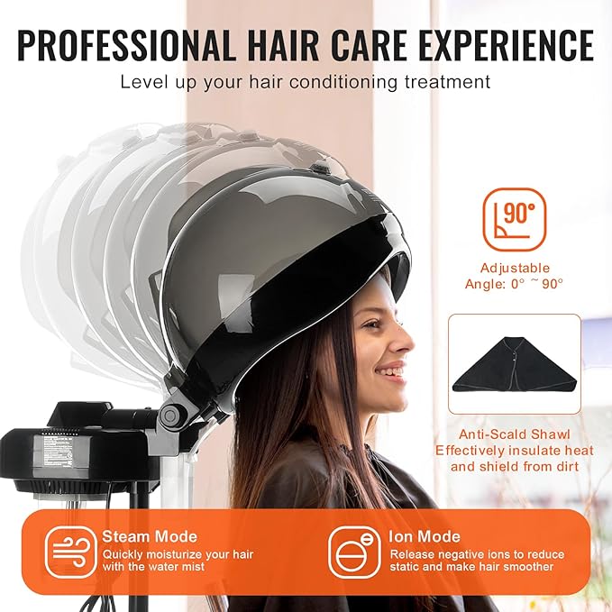 VEVOR Professional Hair Steamer for Deep Conditioning, 11.81-inch Hooded Ionic Hair Steamer with 2 Modes, Height-Adjustable Standing Hair Steamer with Timer, 5 Wheels (2 Lockable) for Salon Home Spa