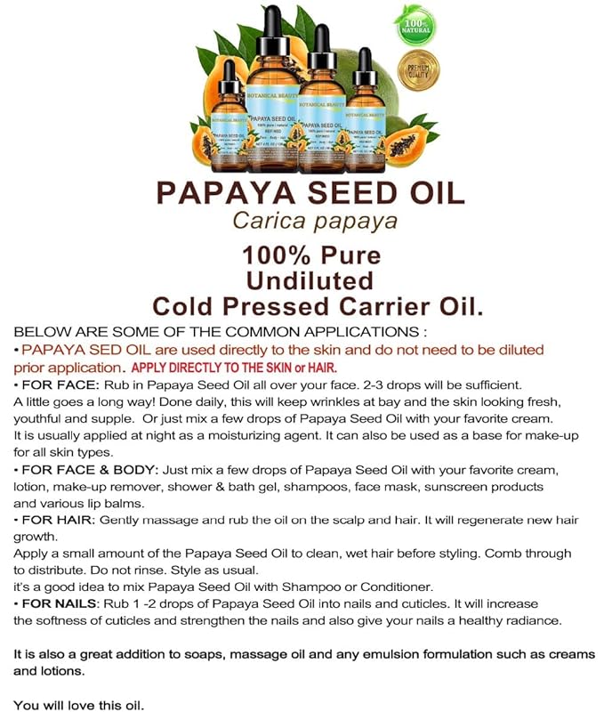 PAPAYA SEED OIL. 100% Pure / Natural / Undiluted /Refined Cold Pressed Carrier Oil. 0.5 Fl.oz.- 15 ml. For Skin, Hair And Lip Care.