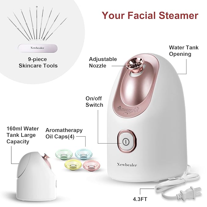 Newbealer Facial Steamer, Mini Aroma Face Steamer, Nano Ionic Hot Mist Face Humidifier for Facial Deep Cleaning, Home Sauna Spa Sprayer with 9 Pieces Acne Remover Kit (White-Gold, 160 ML)