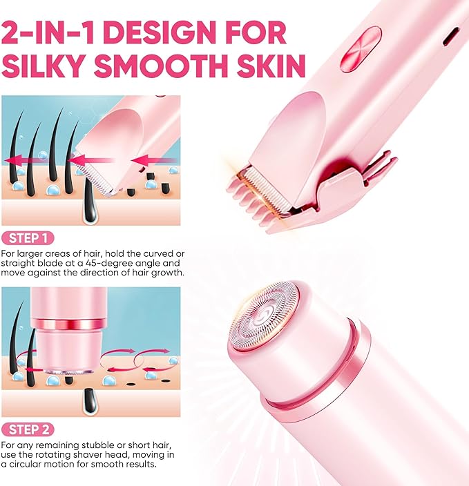 Bikini Trimmer for Women, Electric Razor & Shaver with Dual Ceramic Blades, Painless Hair Removal for Face, Body & Intimate Areas, 90min Cordless Runtime, Waterproof Travel Grooming Kit