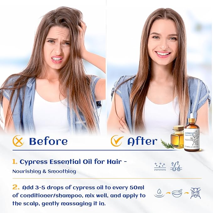 HIQILI 100ML Cypress Essential Oil, 100% Natural for Diffuser, Skin Care, Includes 10ML Travel Bottle - 3.38 Fl Oz