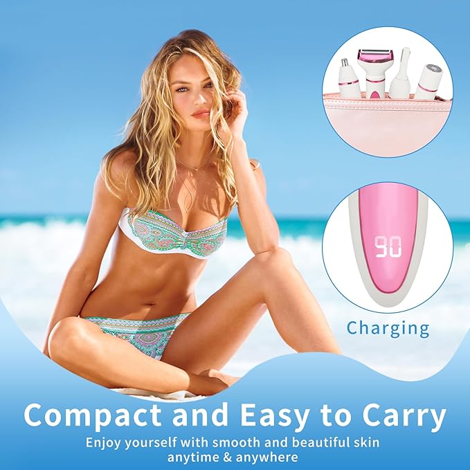 Electric Razor for Women Men,4 in 1 Painless Ladies Wet & Dry Body Razors and Facial Hair Remover,Rechargeable Led Display Hair Removal Kit for Nose Face Body Leg Bikini Arm Hair (Pink)