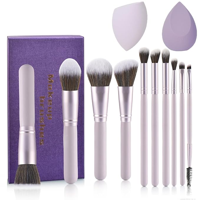 Gift Ready 10 Piece Purple Makeup Brushes Set and 2 Piece Makeup Sponge – Wooden Handle with Soft Synthetic Bristles, Concealer, Powder – (Ideal for Christmas, Birthday, Women)