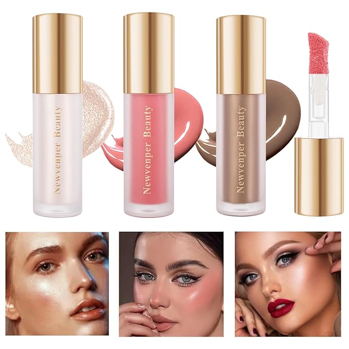 Face Blush+ Face Highlighter+ Face Contour with Brush Liquid Blush, Liquid Highlighter, Liquid Contour Long Lasting & Smooth Creamy Formula Lightweight Blush, Illuminator, Contour