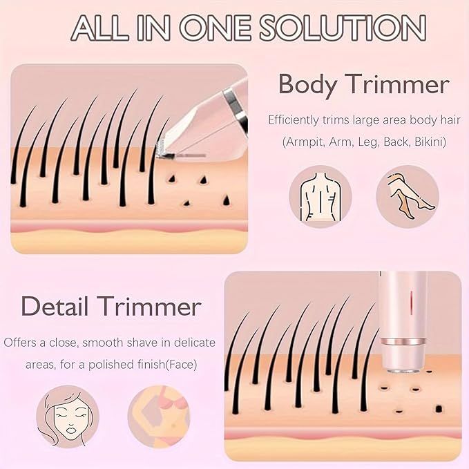 Dermave Bikini Shaver,2 in 1 Dual Head Bikini Trimmer & Body Shaver, Painless Hair Removal with Silky Glow Finish, Cordless & Waterproof Electric Trimmer for Women,Pink