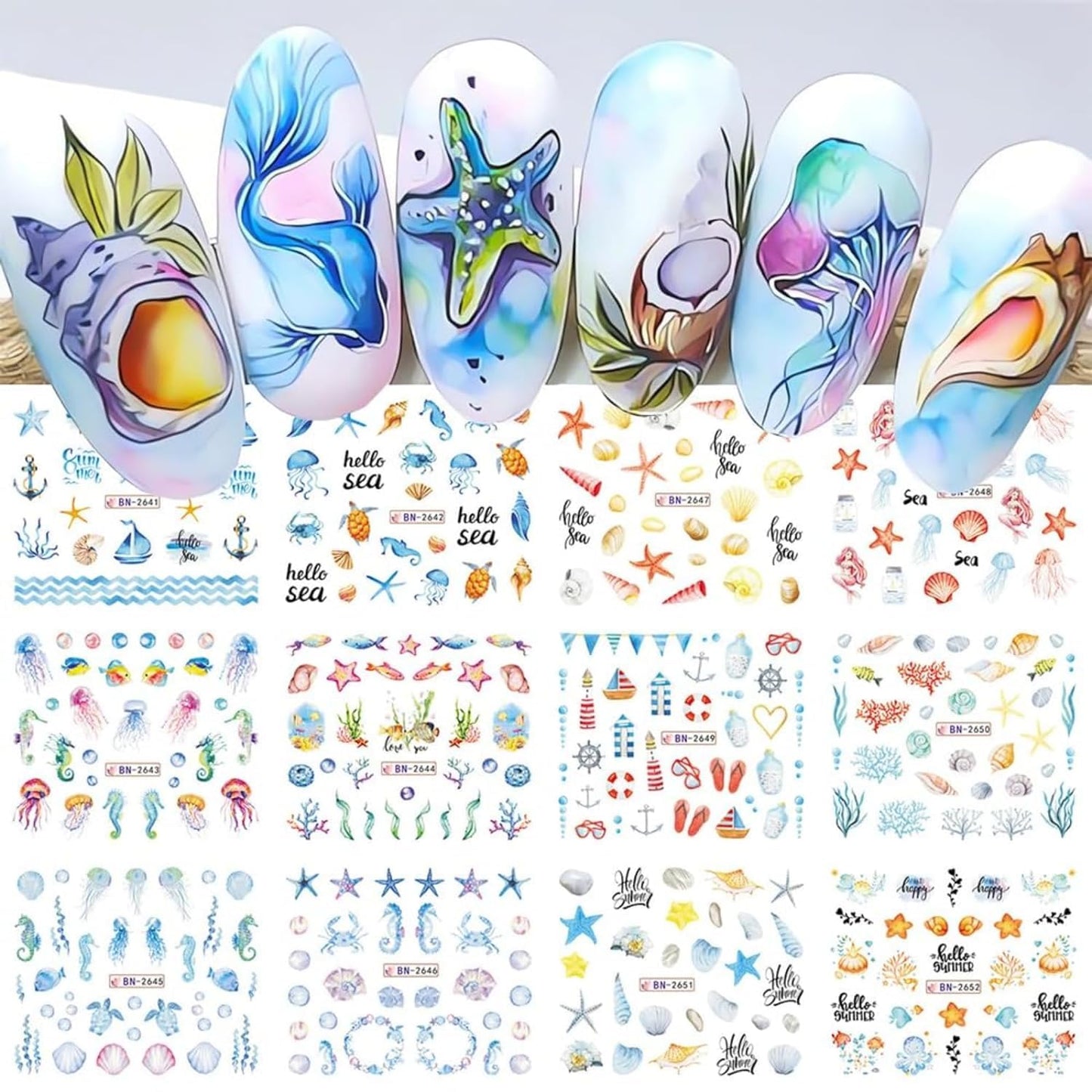 Summer Nail Art Stickers 12 Sheets Seashell Starfish Water Transfer Foils Decals Jellyfish Shells Sea Turtles Seahorses Design Acrylic Ocean Theme Supplies for Women DIY Decor