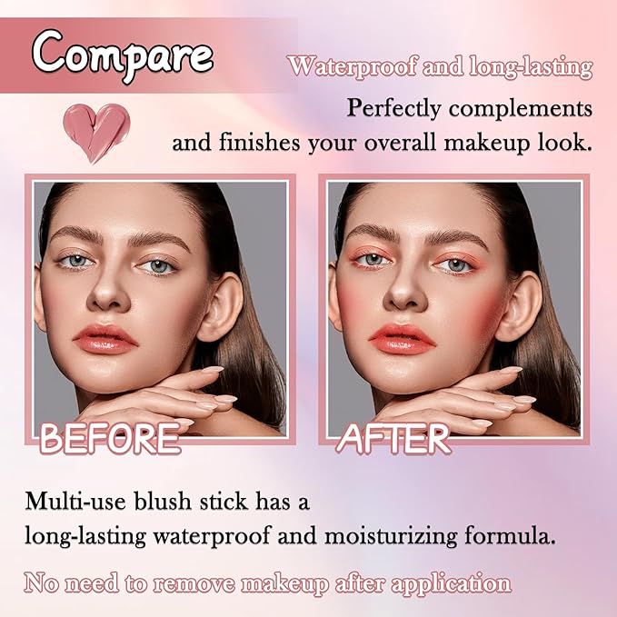 Cream Blush Stick for Cheeks,Blendable Multi-use Blush Makeup Stick for Cheek Eyes Lips Blusher