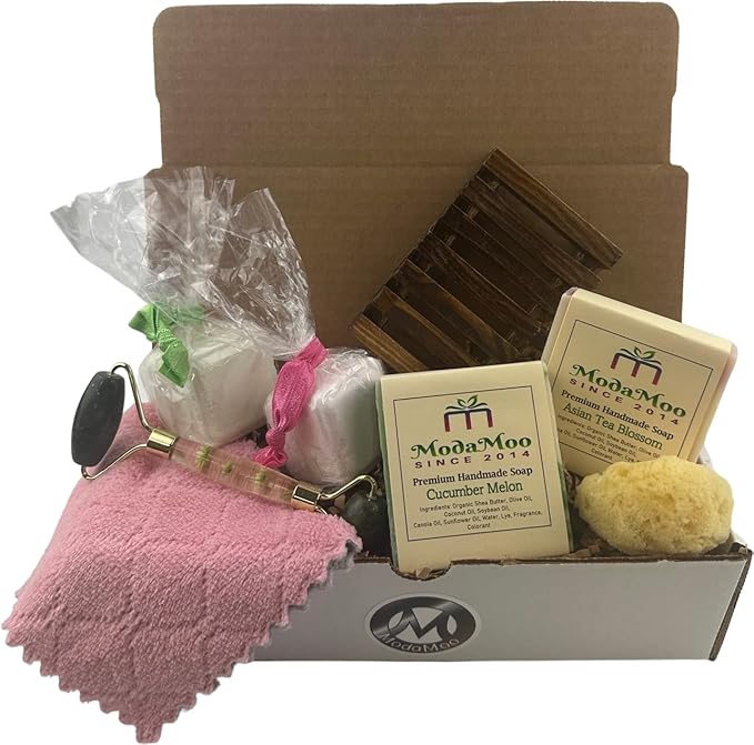 ModaMoo's Day Spa Gift Box Set. Cucumber Melon and Asian Tea Blossom Soaps, Jade Roller, Sea Sponge, and More