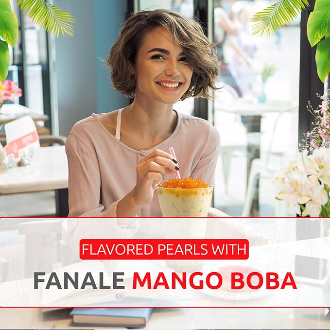 Fanale Mango Popping Boba Pearls, Vegan, Non GMO, Gluten Free, Fat Free, Perfect for Bubble Tea, Smoothies, Ice Cream, Desserts, and Beverages.