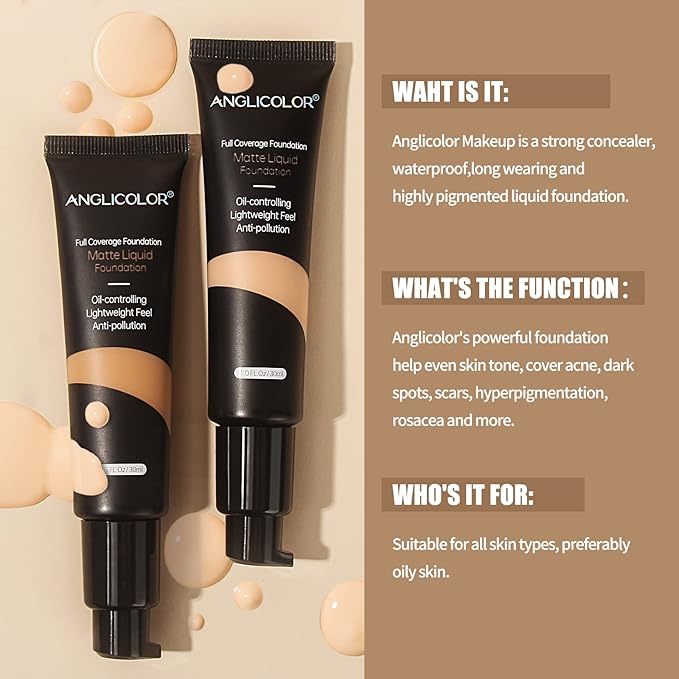 Matte Oil Control Concealer Foundation Flawless Soft Long Lasting Foundation Makeup,Waterproof Full Coverage Face Makeup Strong Concealer Foundation for Oily Acne Skin,1fl.oz (#105 Sand)