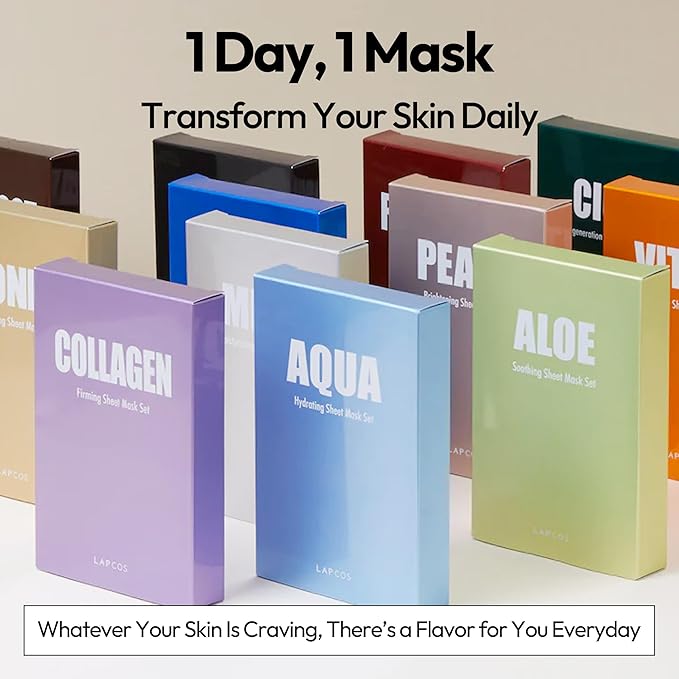 LAPCOS Aqua Sheet Mask, Hydrating Daily Face Mask with Seawater and Plankton Extract to Nourish Skin, Korean Beauty Favorite, 5-Pack