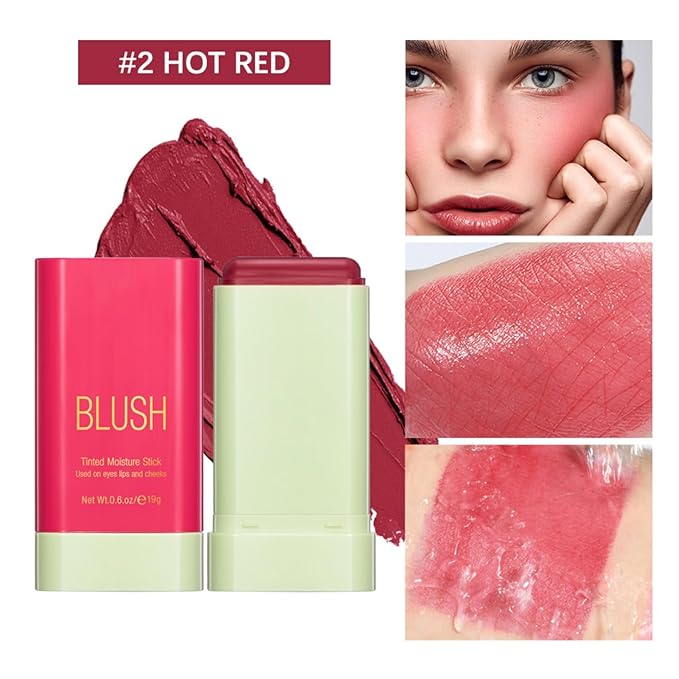Blush Stick, Cream Blush Stick for Cheeks & Lips, Blendable Long-Lasting Multi-Use Contour Stick & Highlighter Makeup (#2 HOT RED)