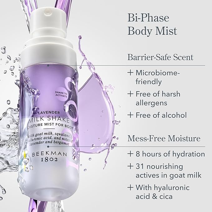 Beekman 1802 Lavender Milk Shake - Body Mist - 4.7 fl. oz - With Hyaluronic Acid & Jojoba Oil - Instantly Moisturizes, Hydrates & Softens - Good for Sensitive Skin - Cruelty Free