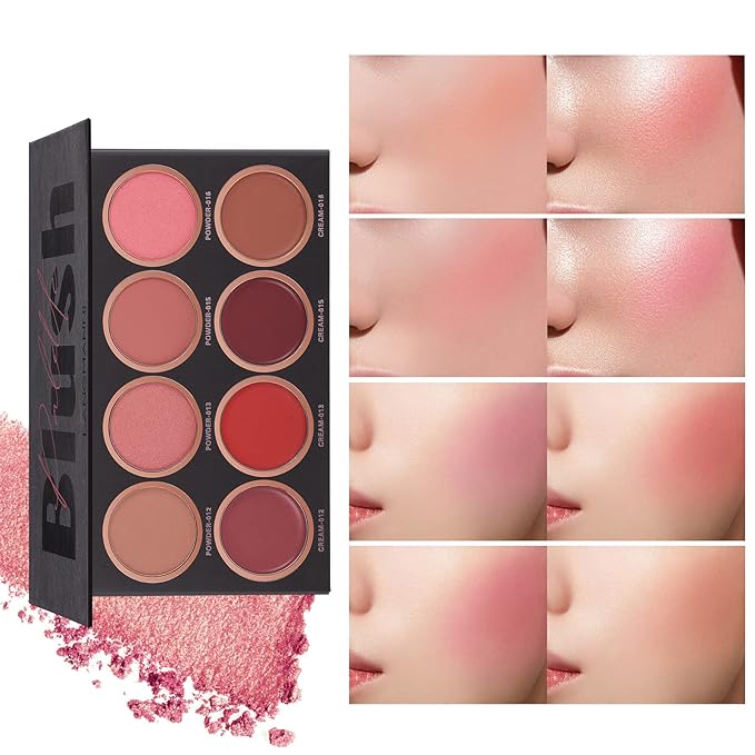 8 Colors Blush Palette, 4 Dry Powders + 4 4 Blush Creams, Contour and Highlight Blush Palette for Cheek and Eye Makeup Long-Lasting Pigment Lightweight Professional Blush Palette(1, pink, Large)